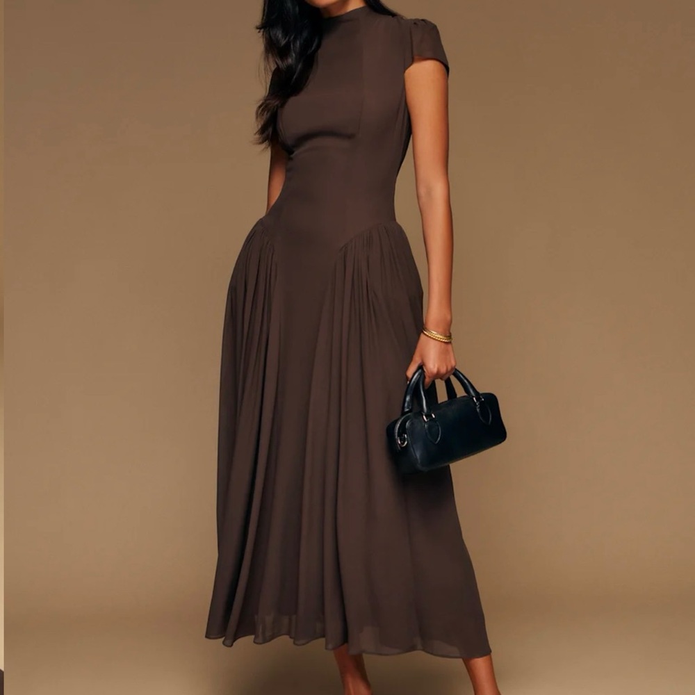 Brown Mock Neck Pleated Midi Dress for Weddings